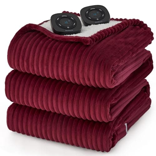 Bedsure GentleSoft Electric Blanket King Size - Soft Ribbed Flannel Heated Blanket with Dual Control, Heating with 10 Heat Settings & 10 Time Settings, 8 hrs Timer Auto Shut Off (90"x100", Burgundy)