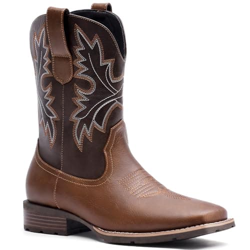Lumeheel Cowboy Boots for Men - Western Square Toe Men's Brown Boots with Classic Embroidered, Slip on Chunky Heel for Spring Fall, Size 9