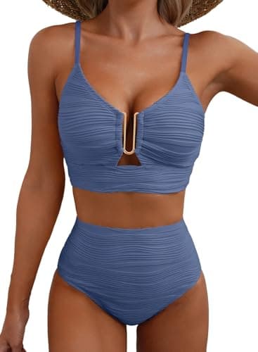 Herseas Metal U-Wired Bikini Set for Women Spaghetti Straps Bathing Suit High Cut Out 2 Piece Swimsuit Cutout Beach Swimwear Cruise Essentials 2026 Summer Sky Blue X-Small