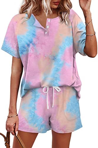 WIHOLL Lounge Sets for Women Summer Joggers Pajama Shorts Set Tie Dye Pink S