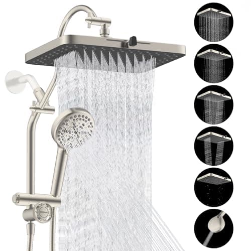Hibbent cUPC Certified 13'' Shower Head Combo, High Pressure 5 Spray Rainfall Showerhead, 10 Spray Handheld, All Metal Easy Reach 4-way Diverter Arm with Pause Mode, 71'' Hose & Holder, Brushed Nickel