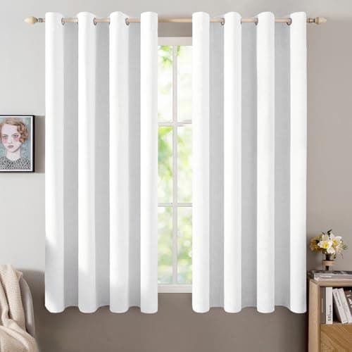 MIULEE Linen Textured Curtains for Bedroom Solid 100% Blackout Thermal Insulated Bright White Grommet Room Darkening Curtains & Drapes Luxury Decor for Living Room Nursery 52 x 45 Inch (2 Panels)