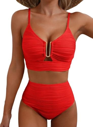 Herseas Women's Metal U-Wired Bikini Set Spaghetti Straps Full Coverage Bathing Suit High Cut Out Two Piece Ladies Popular Swimsuit Cutout Elegant Cruise Outfits Red X-Small
