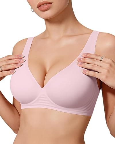 OEAK Womens Deep V Bras Comfortable Bras Support Push Up Bralettes Low Cut no Underwire Bras Plunge Seamless Tshirts Bras Pink S