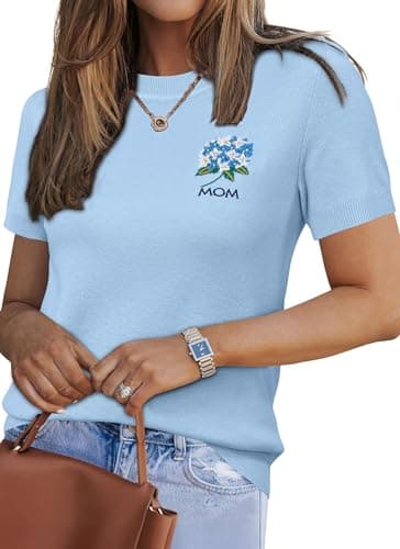 Arach&Cloz Womens for Mom Wool Blend 2025 Summer Sweater Short Sleeve Crew Neck Casual Tops Light Blue M
