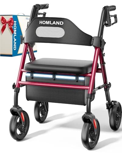 HOMLAND Foldable Rollator Walkers with Seat for Seniors, 8'' Big Wheels, 350 lb. Weight Capacity, Adjustable Handles and Seat Height, Lightweight Rolling Walker, Red