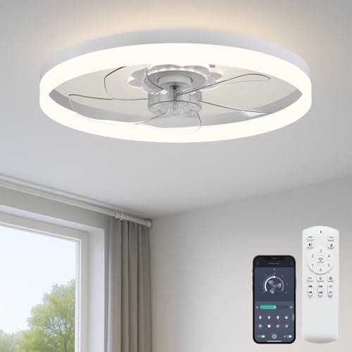 Fszdorj 20‘’ Ceiling Fan with Light, Upgraded Low Profile Fan, Flush Mount Ceiling Fan, 6 Speeds, Dimmable LED, App & Remote Control, Quiet DC Motor, for Bedroom, Living Room, F115 White