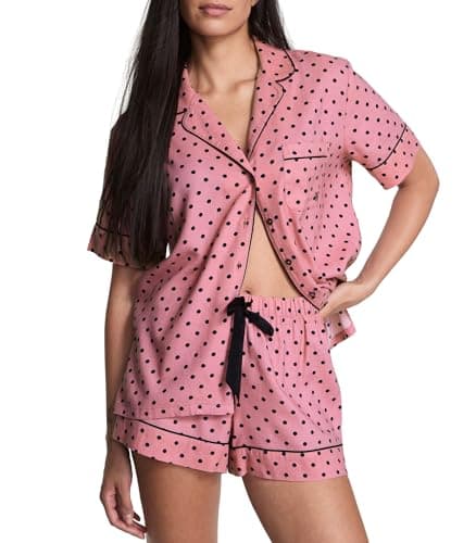 Victoria's Secret Flannel Pajama Set, Short Sleeve Shirt and Shorts, Pajamas for Women, Black Dot, S