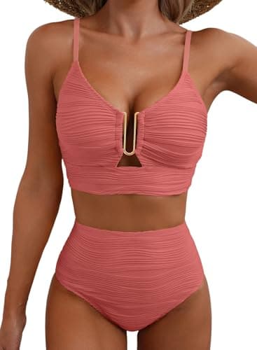 Herseas Metal U-Wired Bikini Set for Women Spaghetti Straps Curvy Bathing Suit High Cut Out 2 Piece Popular Swimsuit Push Up Cutout Beach Outfits Swimwear Dusty Pink X-Small