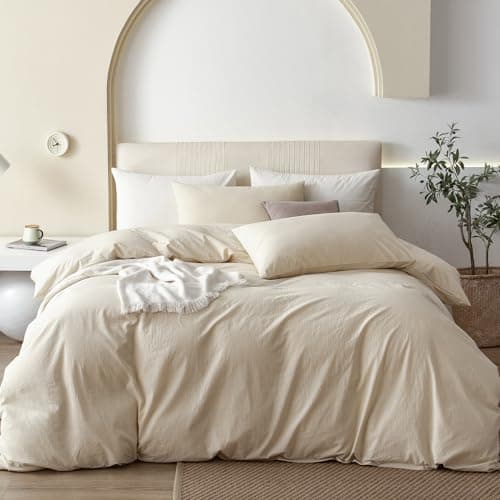 JIYUAN 100% Washed Cotton Duvet Cover Set 2 Pieces Twin, 1 Duvet Cover 68x90 Inches(Comforter Not Included) and 1 Pillowcases,Linen Feel Bedding Set Comfy and Breathable,Heathered Beige