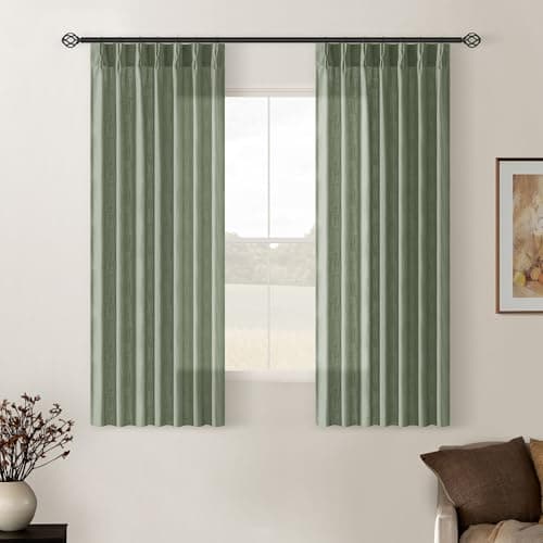 Sage Green Pinch Pleated Linen Cafe Curtains 45 Inch Length 2 Panels for Dining Room Kitchen Bedroom Semi Sheer Pleat Drapes with Hooks Rings Light Filtering Short Window Curtain Cabinet 40x45