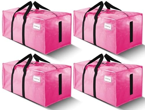 4 Pack Large Strong Moving Bags with Zippers & Carrying Handles - Water-Resistant - Heavy Duty Storage Tote for Space Saving, Fold Flat, Alternative to Moving Box (Pink)
