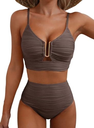 Herseas Women Metal U-Wired Bikini Set Spaghetti Straps Bathing Suit High Waisted 2 Piece Swimsuit Cutout Beach Fashionable Casual Outfits Swimwear Deep Brown X-Small