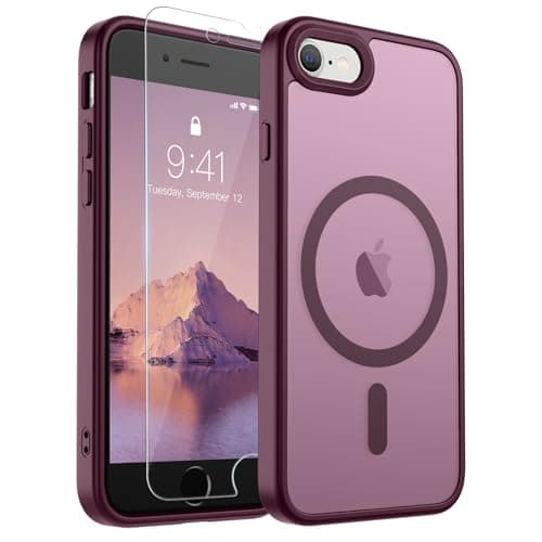 SUPFINE Magnetic for iPhone SE Case 2022 (3rd)/2020 (2nd), iPhone 8 Case with Screen Protector (Compatible with MagSafe) (Military Grade Drop Protection) Translucent Matte Phone Case, Wine Red