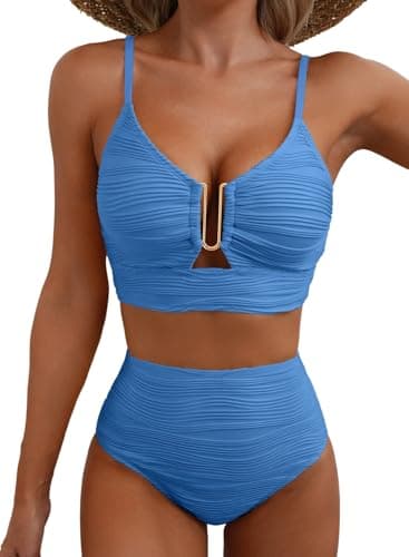 Herseas Women Metal U-Wired Bikini Set Spaghetti Straps Supportive Bathing Suit High Waisted 2 Piece Swimsuit Cutout Trendy Beach Essentials Outfits Swimwear Blue X-Small