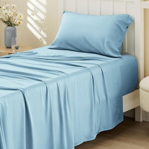Bedsure Cooling Sheets Twin, Rayon Derived from Bamboo, PureWoven, Breathable & Soft Twin Sheets Set, Deep Pocket Up to 16 Inches, Hotel Luxury Silky Bedding for Hot Sleepers, Aqua