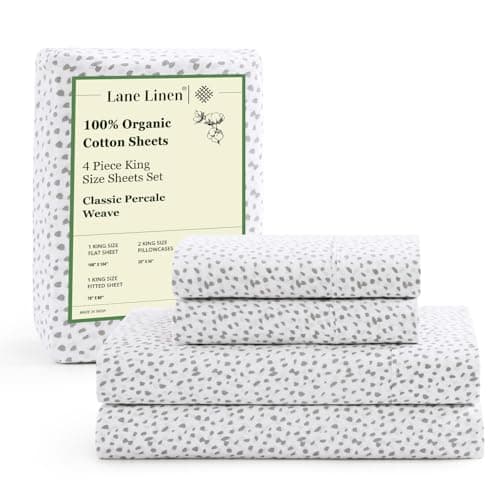 Lane Linen 100% Organic Cotton White (Grey Dot) King-Sheets Set, 4-Piece Long Staple Percale Weave Ultra Soft Best Bedding Sheets for Bed, Breathable, , Fits Mattress Upto 15inch Deep