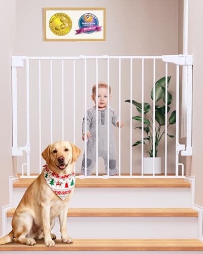 Cumbor 29.2–43" Baby Gate for Stairs, Wall-Mounted (Drill Required), Expandable No Bottom Bar Dog Gate, Auto Close Extra Wide Walk Thru, Pet & Toddler Proof Gate, Top & Bottom of Stairways (White)