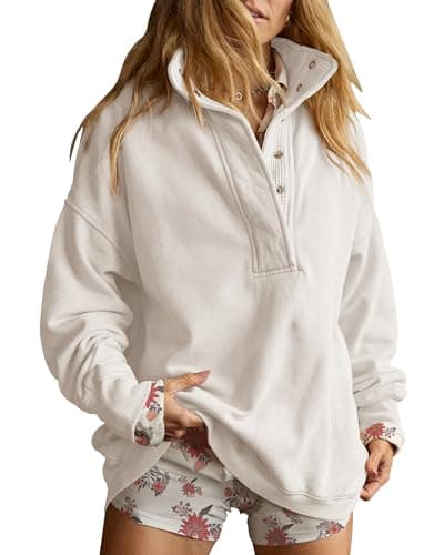 Gacaky Sweatshirt for Women Oversized Casual Long Sleeve Button Henley Neck Pullover Tops Fashion Outfits Clothes White M