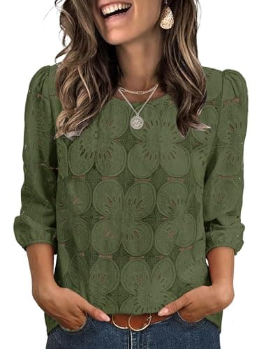 Sampeel Ladies Tops and Blouses Dressy Casual Business Outfits Spring Fashion 2026 Eyelet Lace Tops 3/4 Length Sleeve Work Shirts Summer Clothes Embroidered Green S
