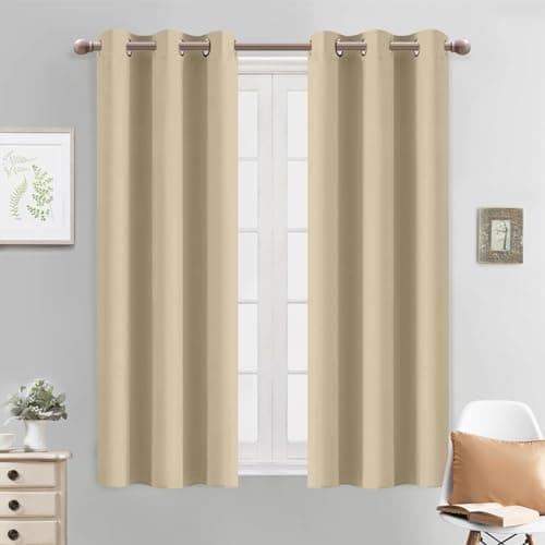 Yakamok Soft and Smooth Beige Curtains for Bedroom - Grommet Thermal Insulated Room Darkening Curtains for Living Room, Set of 2 Panels (38 x 54Inch, Beige)