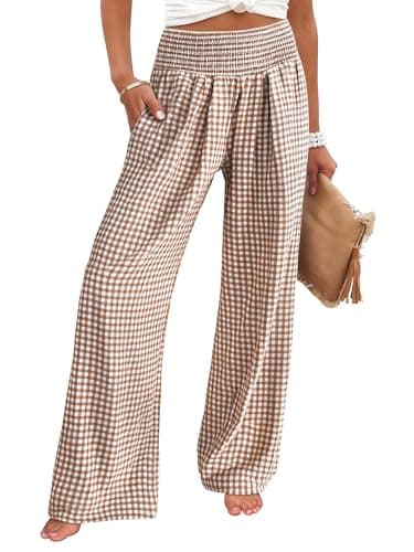 ANRABESS Womens Palazzo Pants, Striped & Gingham, Lounge & Casual, Cute Pajama Pants, Wide Leg, High Waisted, Pockets Light Brown White Plaid Small