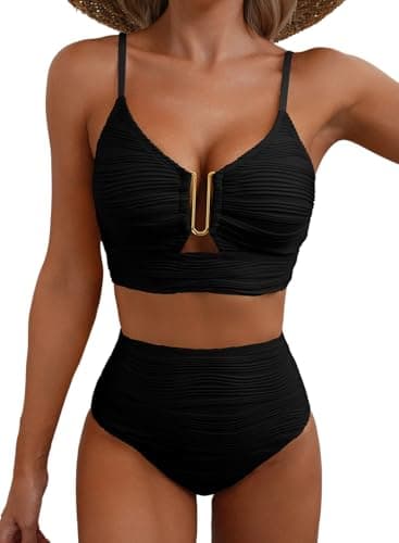 Herseas Women Popular Swimsuits Two Piece U-Wired Push up Ribbed Ruched High Rise Bikini Sets Longline Modest Solid Flattering Swim Suit Cruise Essentials 2026 Summer Black Large