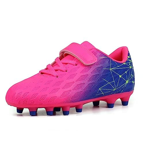 brooman Kids Firm Ground Soccer Cleats Boys Girls Athletic Outdoor Football Shoes (8,Fuchsia Purple)