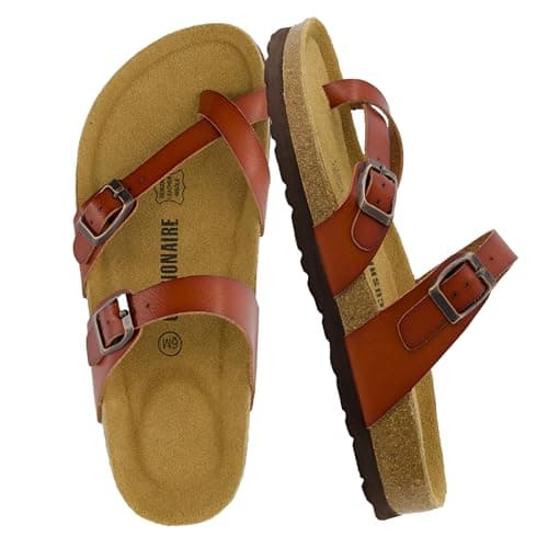 CUSHIONAIRE Luna Sandals for Women, Cork Footbed Womens Sandals for Summer Comfort with Adjustable Straps, Wide Width Available, WHISKEY 5