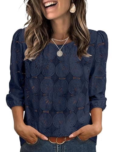 Sampeel Shirts for Women Dressy Casual Blouses 3/4 Length Sleeve Summer Tops Business Casual Outfits Western Country Concert Travel Comfy Fashion Clothing Navy Blue S