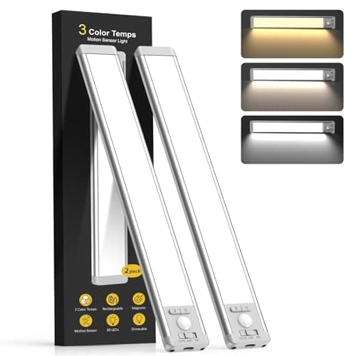 10inch Under Cabinet Lighting with 3 Color Temps, 2 Pack Rechargeable Motion Sensor Light Indoor, 5 Levels Dimmable Magnetic Closet Lights, Wireless Under Counter Lights for Kitchen, Stairs