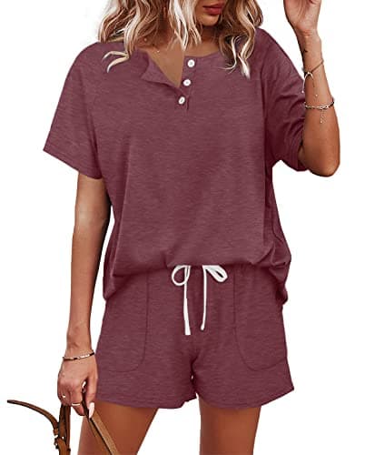 WIHOLL Jogging Suit For Women 2 Piece Set V Neck Lounge Set Dark Red S