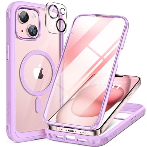 Miracase Magnetic for iPhone 15 Plus Case 6.7'' [Compatible with Magsafe] Full-Body Military Drop Proof 15 Plus Phone Case Cover with Built-in 9H Tempered Glass Screen Protector,Light Purple