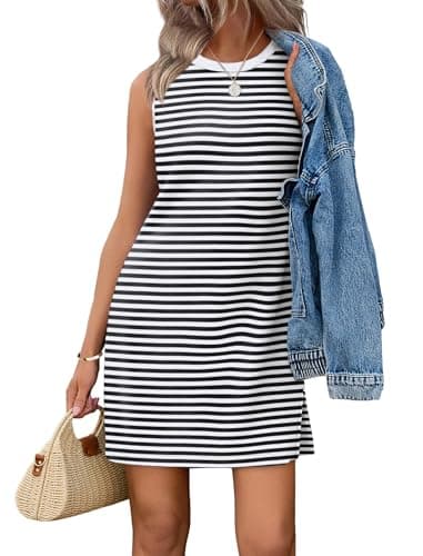 WIHOLL Dresses for Women 2026 Crewneck A Line Casual Summer Sleeveless Tank Dress Fashion Striped Outfits White S