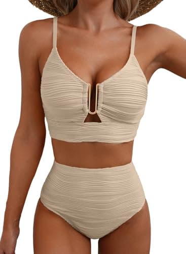 Herseas Metal U-Wired Bikini Set for Women Spaghetti Straps Bathing Suit High Cut Out 2 Piece Tummy Control Curvy Swimsuit Summer Beach Outfits Swimwear Apricot X-Small