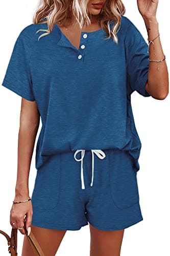 WIHOLL 2 Piece Outfits for Women Summer Athletic Shorts Set Plus Size Blue S