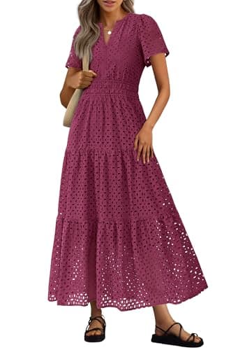 PRETTYGARDEN Womens 2026 Summer Maxi Dress Short Sleeve V Neck Hollow Out Eyelet A Line Long Flowy Beach Vacation Dresses (Wine Red,X-Large)