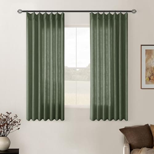 Olive Green Linen Curtains 45 Inch Length 2 Panel Set for Small Windows Rustic Country Linen Cotton Light Filtering Drapes Privacy Pinch Pleated Back Tab Semi Sheer Kitchen Curtains 45 Inches Long