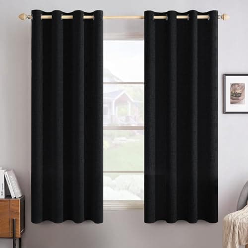 MIULEE Linen Texture Curtains for Bedroom Solid 100% Blackout Thermal Insulated Halloween Black Curtains Grommet Room Darkening Drapes for Living Room Nursery 52x45 Inch (2 Panels)