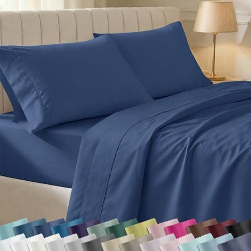 California Design Den Queen Sheet Set - 400 Thread Count Sateen, Natural 100% Cotton Bed Sheets, Deep Pockets with All Around Elastic, Soft, Durable Bedding - Navy Blue