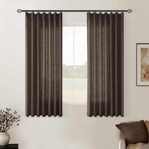 TWODRAPES Dark Chocolate Pinch Pleated Linen Curtains 2 Panels for Living Room Bedroom Memory Training Shaped Semi Sheer Pleat Drapes with Hooks Rings Light Filtering Window Curtain 40x45