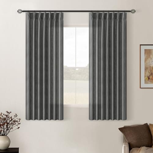 Charcoal Grey Pinch Pleated Linen Cafe Curtains 45 Inch Length 2 Panels for Dining Room Kitchen Bedroom Semi Sheer Pleat Drapes with Hooks Rings Light Filtering Short Window Curtain Cabinet 40x45