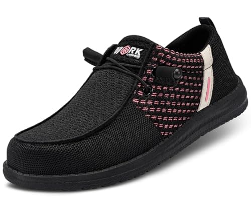 LARNMERN Steel Toe Loafers Women Slip On Work Safety Shoes Lightweight Comfortable Walking Sneakers Casual(8 Women, Black Pink)