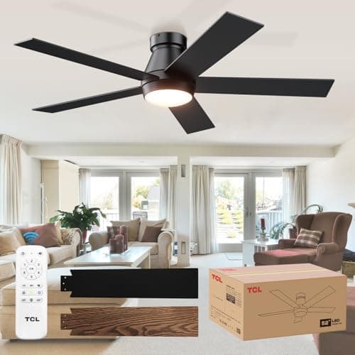 TCL 52" Ceiling Fan with Lights, Black Flush Mount Ceiling Fans with Remote Control, 6 Speeds DC Reversible, Dimmable, Noiseless, Low Profile Ceiling Fans for Bedroom
