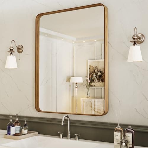 LOAAO 20X30 Inch Bathroom Mirror with Wood Grain Colored Metal Frame, Rounded Rectangle Metal Framed Bathroom Mirror, Anti-Rust, Hangs Horizontally or Vertically