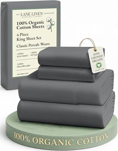 LANE LINEN 100% Organic Cotton Sheets King Size Machine Washable Fully Elasticized Soft & Comfy Mercerized Sustainably Produced All Season Eco Friendly Cotton Sheets sábanas King- Charcoal