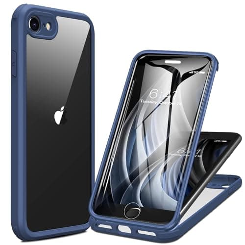 Miracase for iPhone SE Phone Case 3rd/2nd Generation 2022 2020 Full-Body with Built-in Glass Screen Protector, Heavy Duty 360° Protective Shockproof Bumper Cover for iPhone 8/SE, Blue