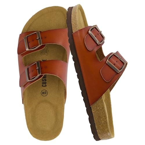 CUSHIONAIRE Lane Cork Footbed Sandals for Women – Comfortable Double Buckle Slip-On with Genuine Suede Footbed & Arch Support Slides for Women Footwear, WHISKEY 5