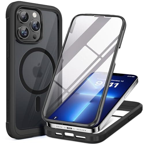 Miracase Magnetic for iPhone 13 Pro Max Case 6.7 inch, (Compatible with MagSafe) Upgrade Full-Body Clear Phone Bumper Case with Built-in 9H Tempered Glass Screen Protector, Magnetic Matte Black