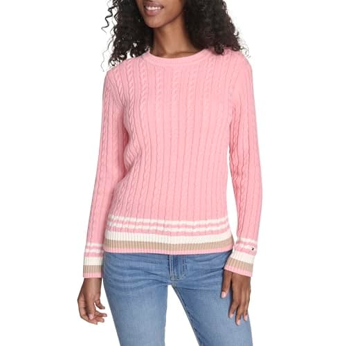 Tommy Hilfiger Women's Sportswear Cotton Crewneck Cable Sweater, English Rose Multi, Large